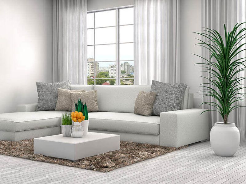 Living room with white sofa and large window